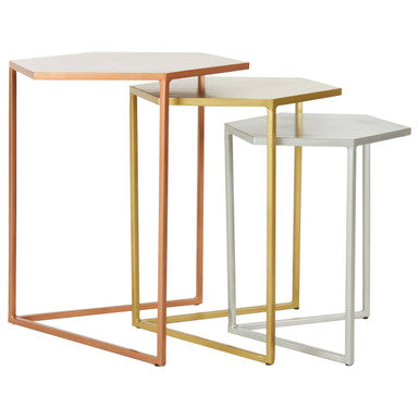 Nest Of 3 Assorted Hexagonal Nesting Table With Metal Tops, Rabia