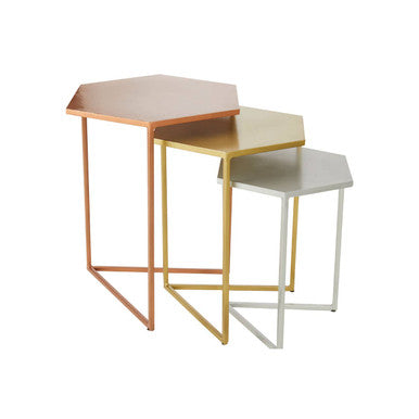 Nest Of 3 Assorted Hexagonal Nesting Table With Metal Tops, Rabia