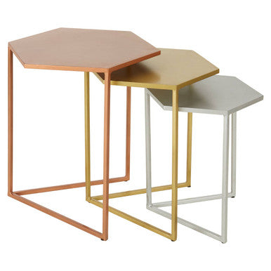 Nest Of 3 Assorted Hexagonal Nesting Table With Metal Tops, Rabia
