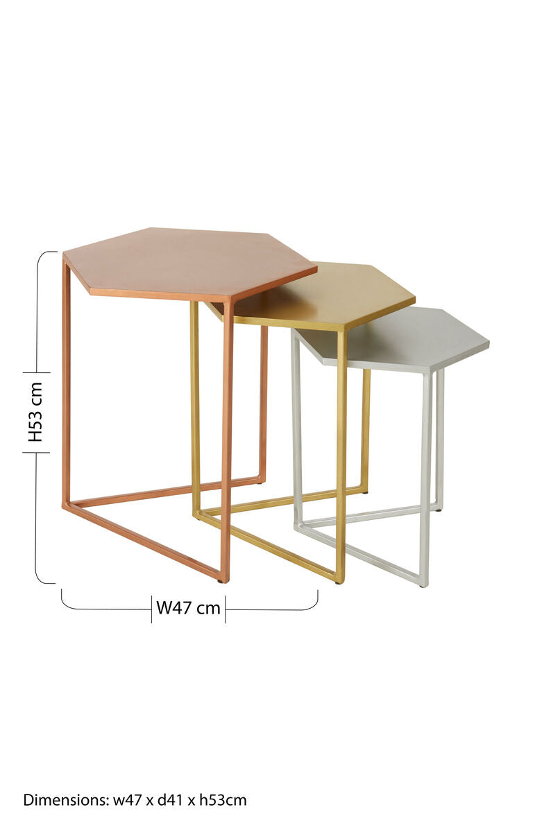 Nest Of 3 Assorted Hexagonal Nesting Table With Metal Tops, Rabia