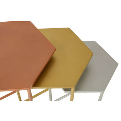 Nest Of 3 Assorted Hexagonal Nesting Table With Metal Tops, Rabia