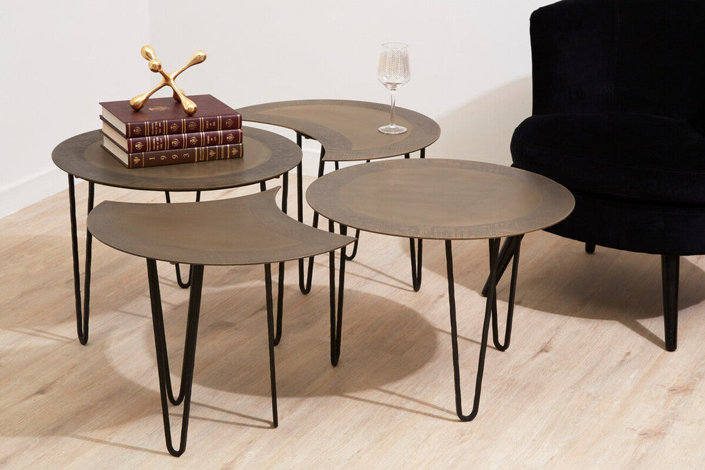 Set Of 4 Black & Gold Top Coffee Tables With Iron Hairpin Legs, Rany