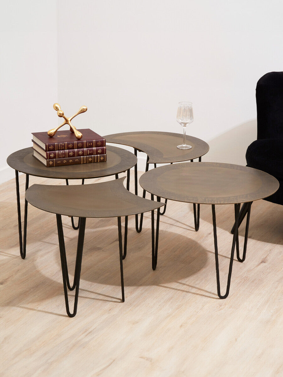 Set Of 4 Black & Gold Top Coffee Tables With Iron Hairpin Legs, Rany