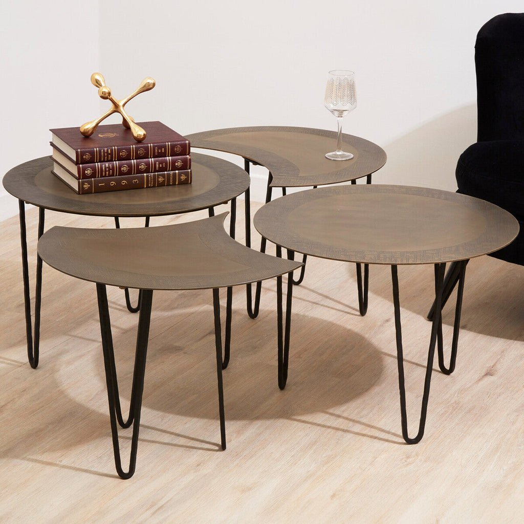 Set Of 4 Black & Gold Top Coffee Tables With Iron Hairpin Legs, Rany