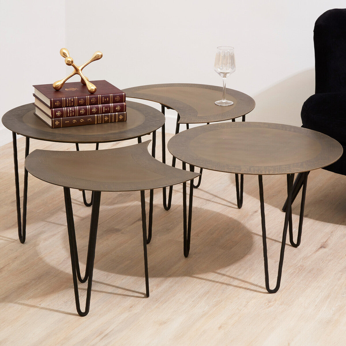 Set Of 4 Black & Gold Top Coffee Tables With Iron Hairpin Legs, Rany