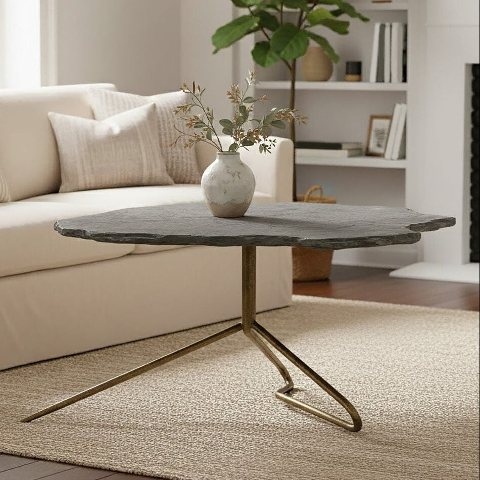 Grey Stone Top Coffee Table With Tripod Geometric Base, Rany