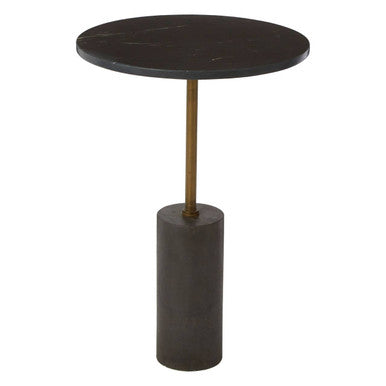 Black Marble Top Side Table With Antique Brass Iron Pole, Rany