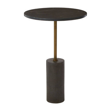 Black Marble Top Side Table With Antique Brass Iron Pole, Rany