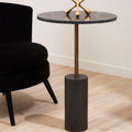 Black Marble Top Side Table With Antique Brass Iron Pole, Rany