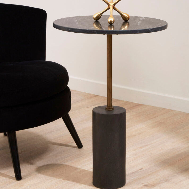 Black Marble Top Side Table With Antique Brass Iron Pole, Rany