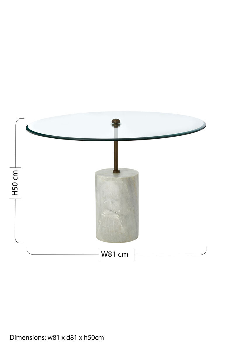 White Marble Base Side Table With Clear Glass Top, Rany