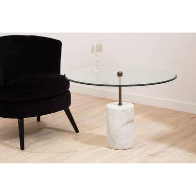 White Marble Base Side Table With Clear Glass Top, Rany