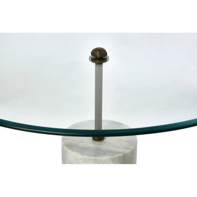 White Marble Base Side Table With Clear Glass Top, Rany