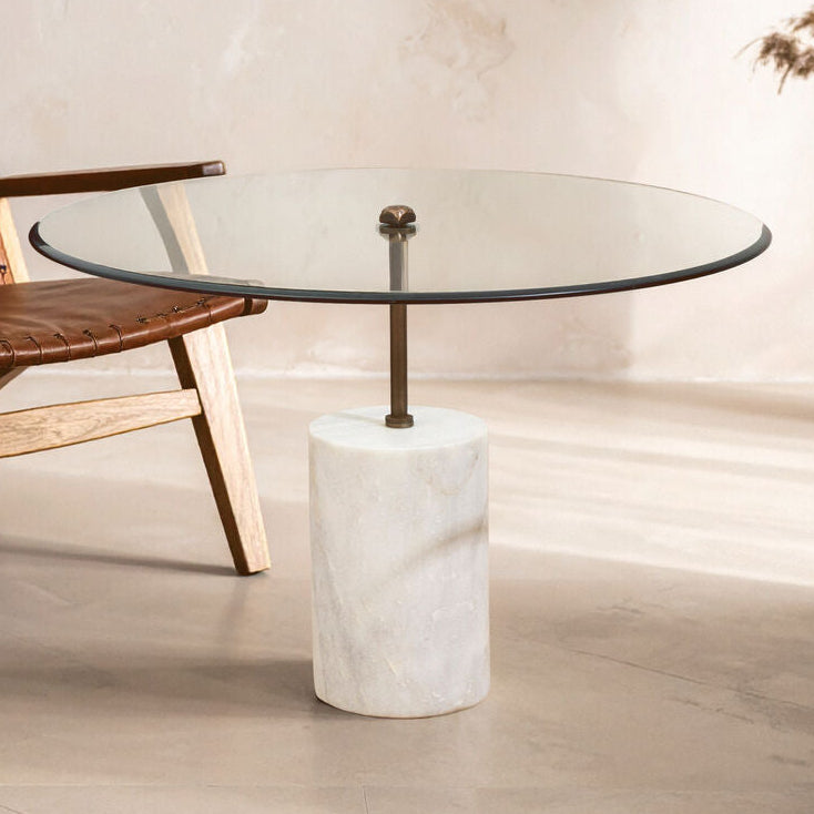 White Marble Base Side Table With Clear Glass Top, Rany