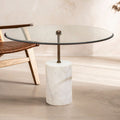 White Marble Base Side Table With Clear Glass Top, Rany