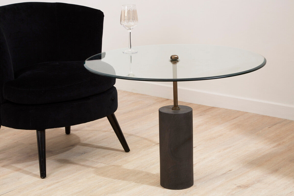 Black Marble Base Side Table With Clear Glass Top, Rany