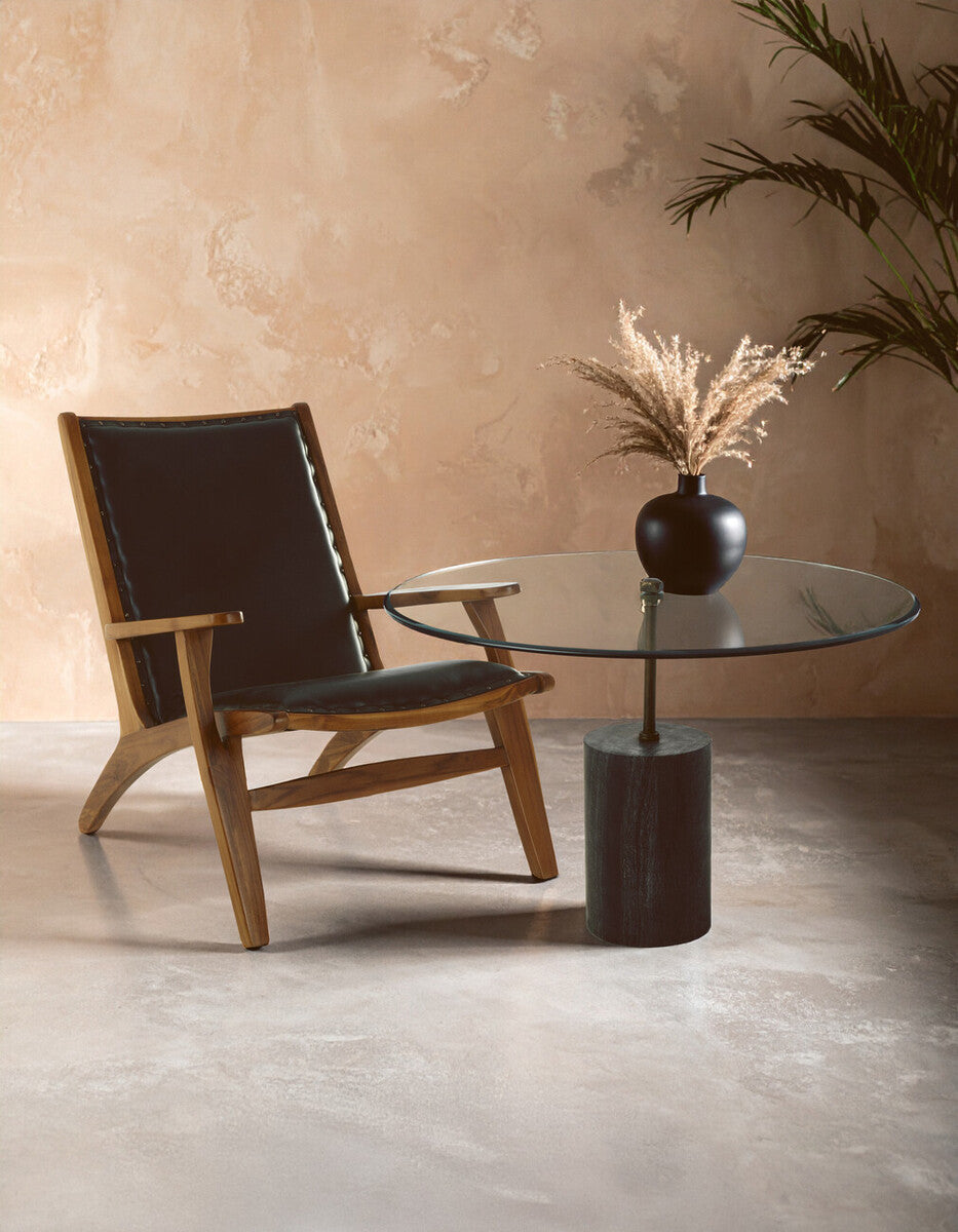 Black Marble Base Side Table With Clear Glass Top, Rany