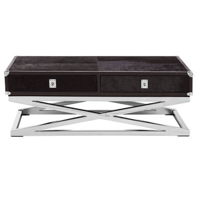 Black Hair-On-Hide Wood Top & Silver-Finished Frame Console Table With 2 Drawers, Kensington Townhouse