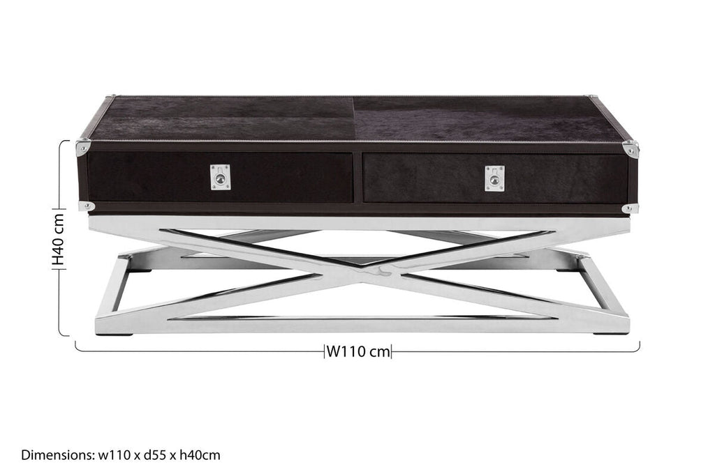 Black Hair-On-Hide Wood Top & Silver-Finished Frame Console Table With 2 Drawers, Kensington Townhouse