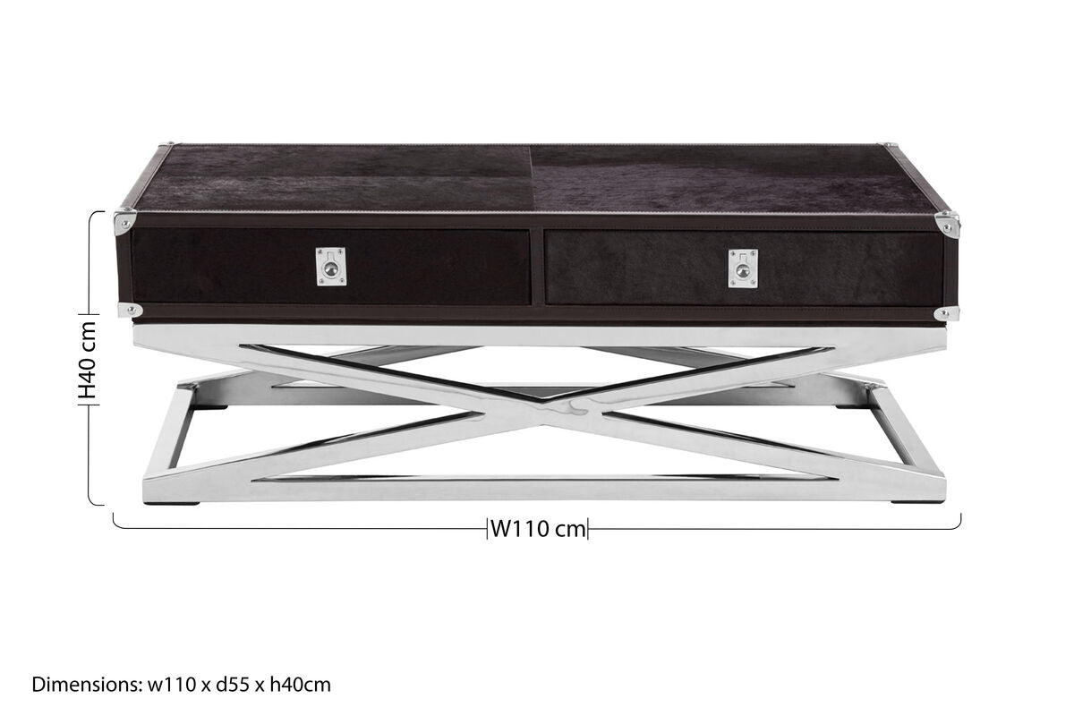 Black Hair-On-Hide Wood Top & Silver-Finished Frame Console Table With 2 Drawers, Kensington Townhouse