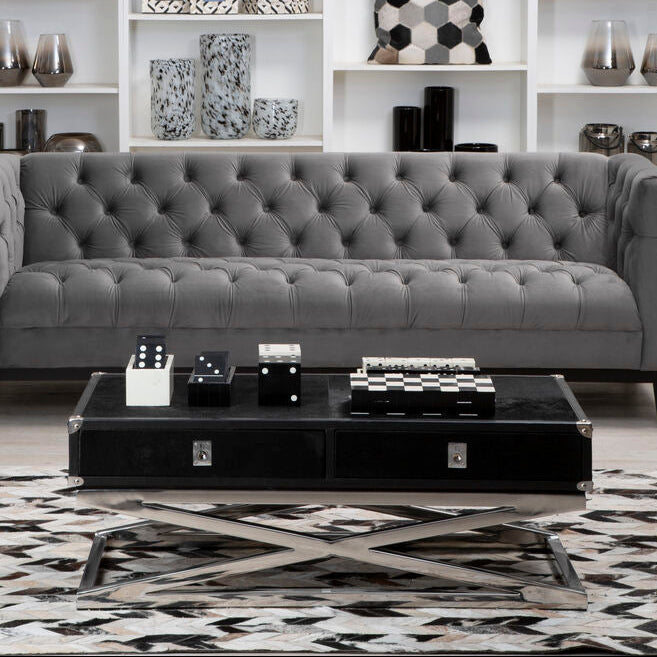 Black Hair-On-Hide Wood Top & Silver-Finished Frame Console Table With 2 Drawers, Kensington Townhouse