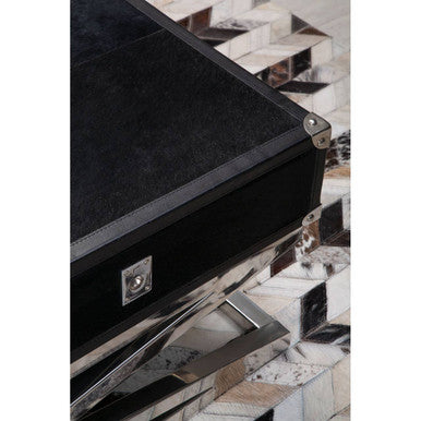 Black Hair-On-Hide Wood Top & Silver-Finished Frame Console Table With 2 Drawers, Kensington Townhouse