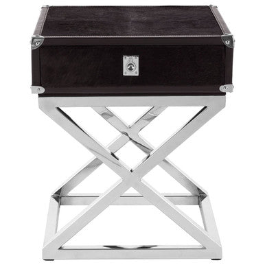 Black & Silver Hair-On-Leather Top 1-Drawer Side Table With Stainless Steel Legs, Kensington Townhouse