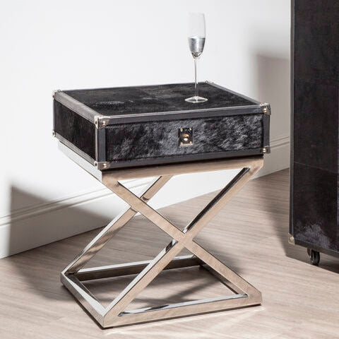 Black & Silver Hair-On-Leather Top 1-Drawer Side Table With Stainless Steel Legs, Kensington Townhouse