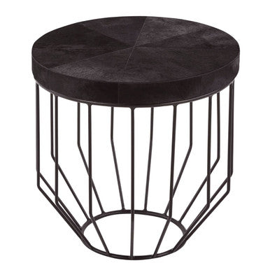 Black & Silver Hair-On-Hide Top Round Side Table With Silver Frame, Kensington Townhouse