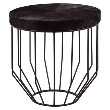 Black & Silver Hair-On-Hide Top Round Side Table With Silver Frame, Kensington Townhouse