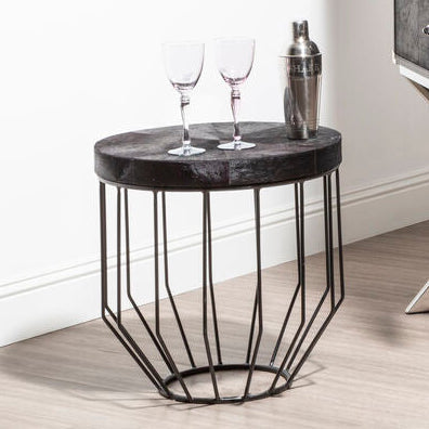 Black & Silver Hair-On-Hide Top Round Side Table With Silver Frame, Kensington Townhouse