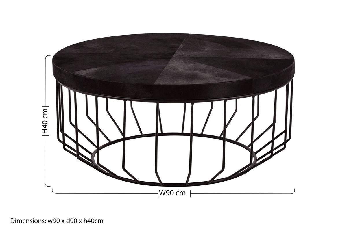 Black & Silver Hair-On-Hide Top Round Coffee Table With Black Frame, Kensington Townhouse