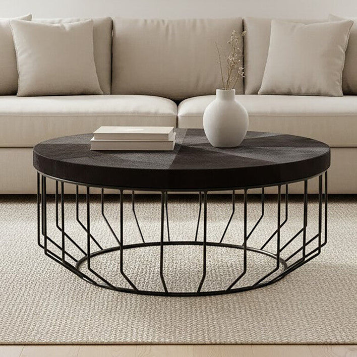 Black & Silver Hair-On-Hide Top Round Coffee Table With Black Frame, Kensington Townhouse
