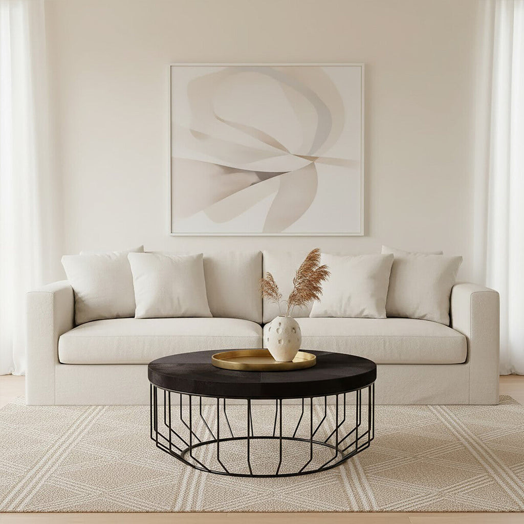 Black & Silver Hair-On-Hide Top Round Coffee Table With Black Frame, Kensington Townhouse