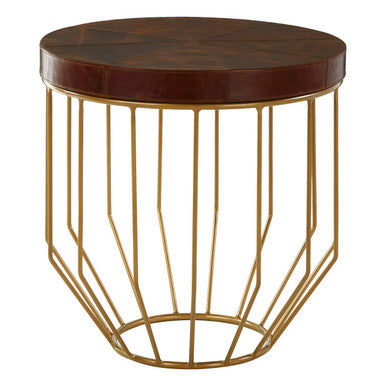 Tan Leather Segmented Top Side Table With Gold Metal Iron Base, Kensington Townhouse