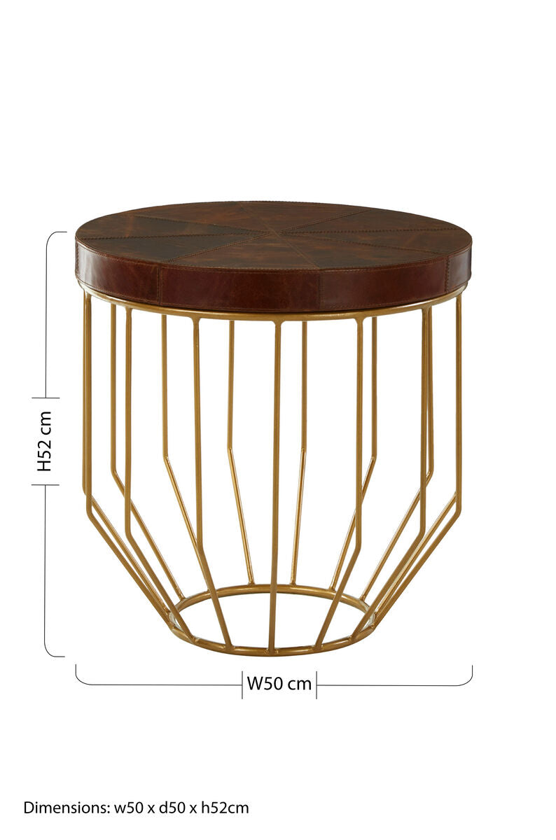 Tan Leather Segmented Top Side Table With Gold Metal Iron Base, Kensington Townhouse