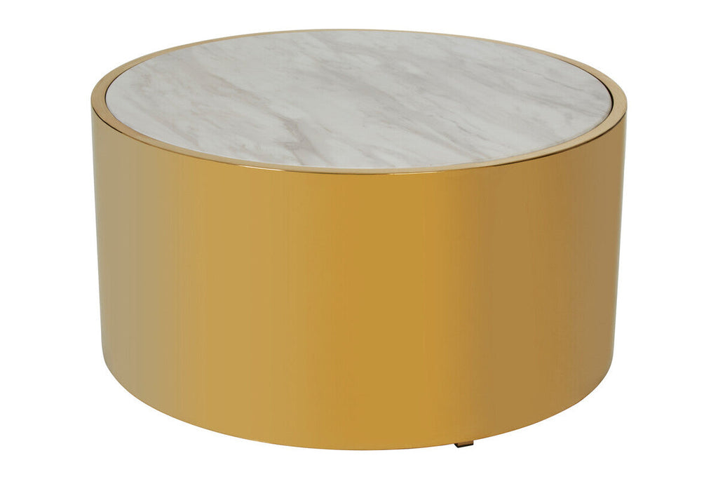 White Marble Top Round Coffee Table With Gold Steel Frame, Carlox