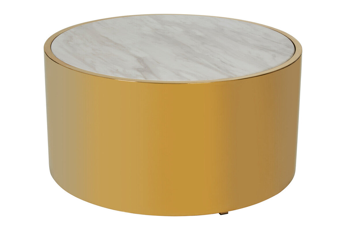 White Marble Top Round Coffee Table With Gold Steel Frame, Carlox