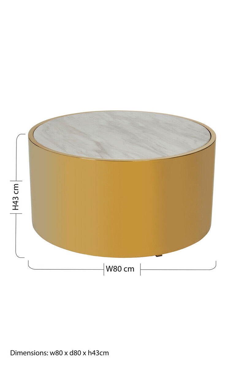 White Marble Top Round Coffee Table With Gold Steel Frame, Carlox