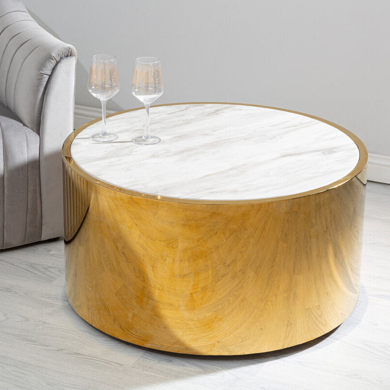 White Marble Top Round Coffee Table With Gold Steel Frame, Carlox