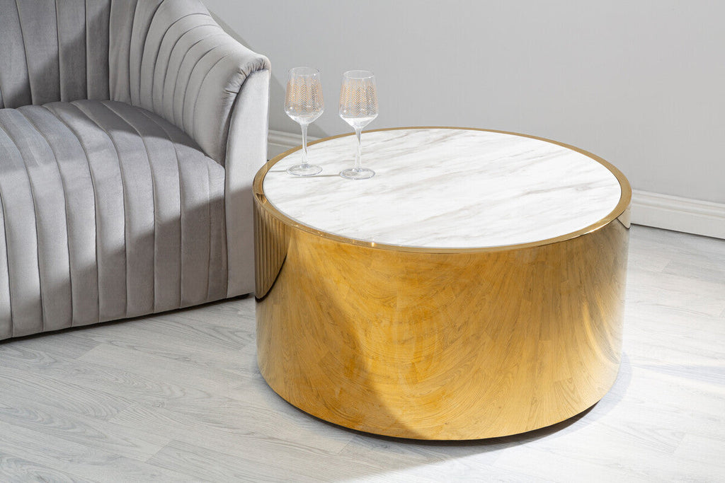 White Marble Top Round Coffee Table With Gold Steel Frame, Carlox