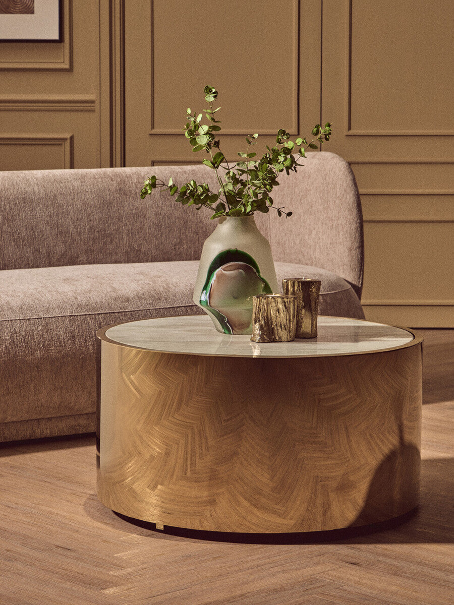 White Marble Top Round Coffee Table With Gold Steel Frame, Carlox