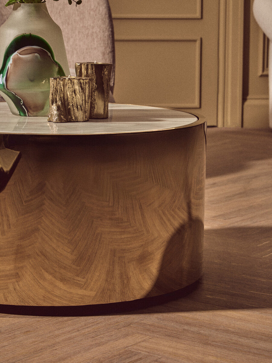 White Marble Top Round Coffee Table With Gold Steel Frame, Carlox
