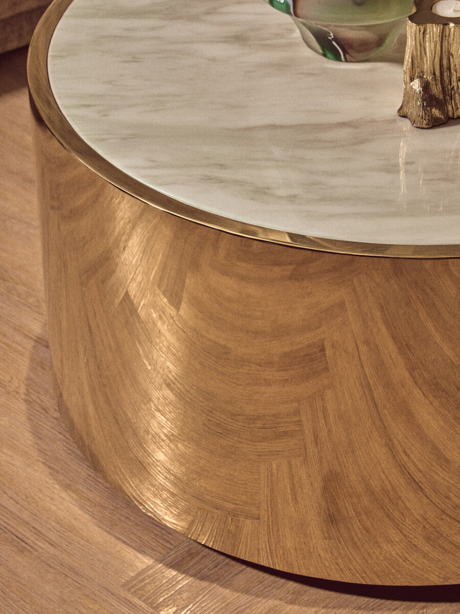 White Marble Top Round Coffee Table With Gold Steel Frame, Carlox