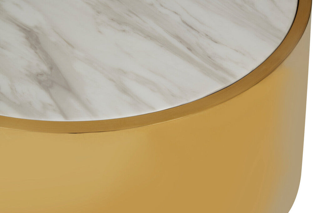 White Marble Top Round Coffee Table With Gold Steel Frame, Carlox