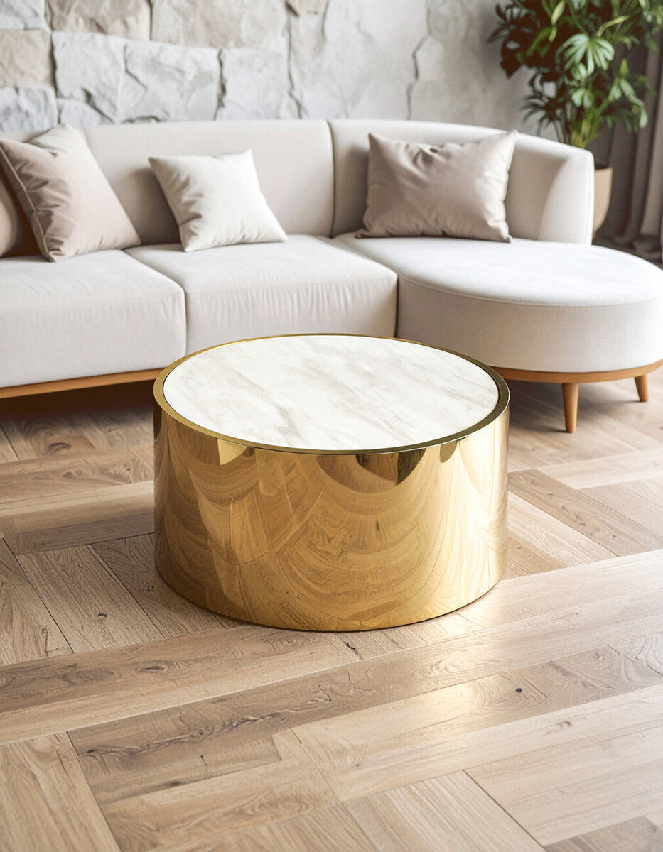 White Marble Top Round Coffee Table With Gold Steel Frame, Carlox