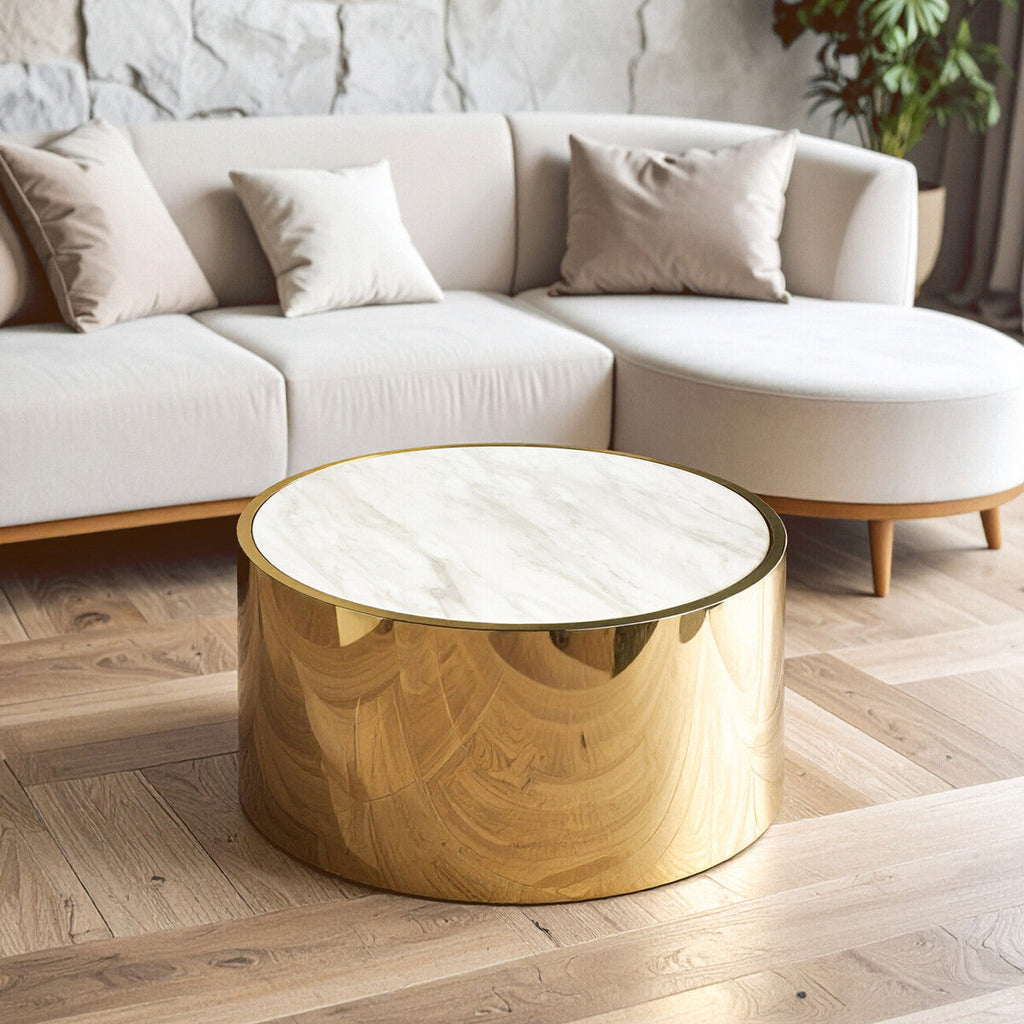 White Marble Top Round Coffee Table With Gold Steel Frame, Carlox