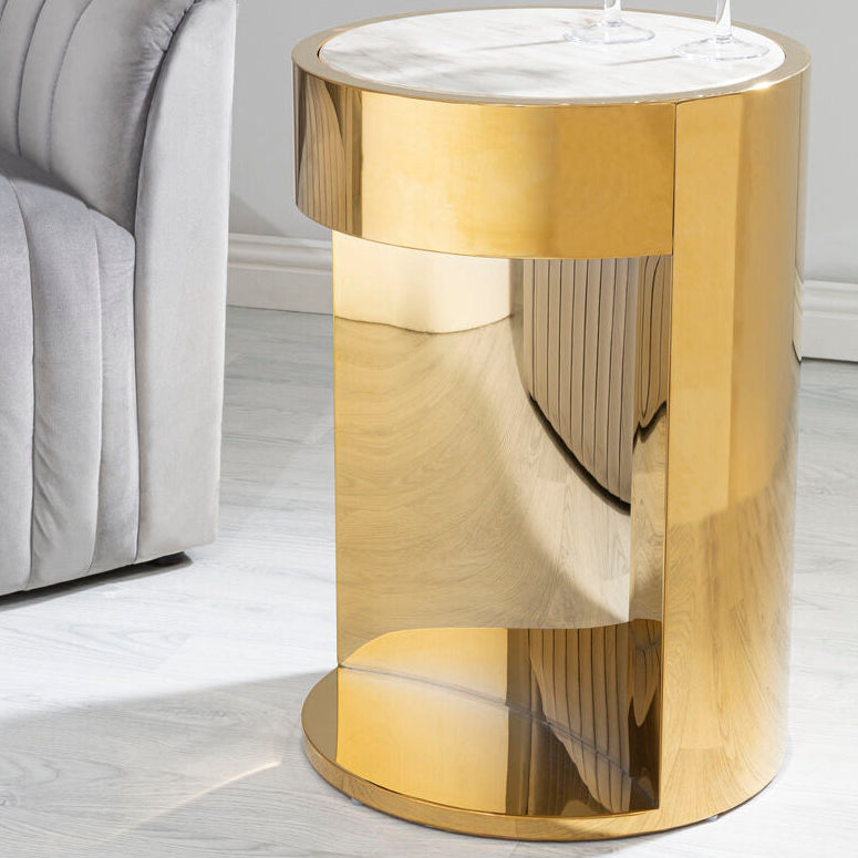 White Marble Round Side Table With Gold Metal Base, Carlox