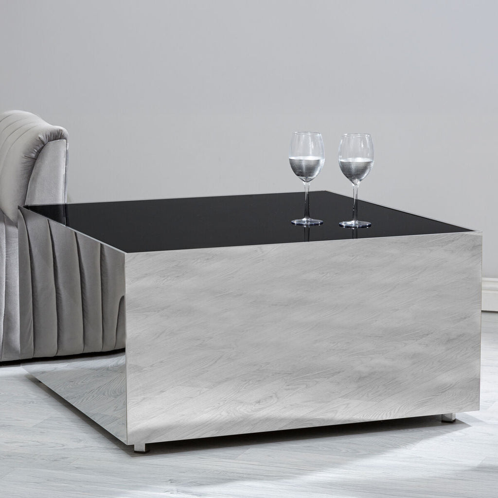Black Tempered Glass Top Coffee Table With Silver Square Chrome Frame, Carlox