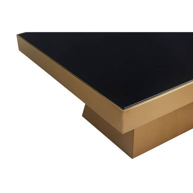 Black Tempered Glass Coffee Table With Gold Square Stainless Steel Base, Carlox